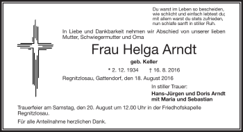 Traueranzeige von Helga Arndt von Frankenpost