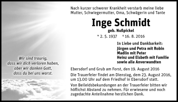 Traueranzeige von Inge Schmidt von Neue Presse Coburg