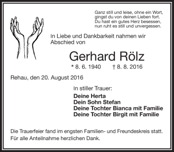 Traueranzeige von Gerhard Rölz von Frankenpost