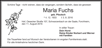 Traueranzeige von Maria Fuchs von Frankenpost