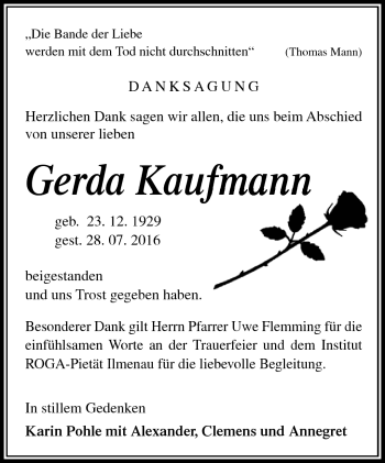 Traueranzeige von Gerda Kaufmann von Südthüringer Presse
