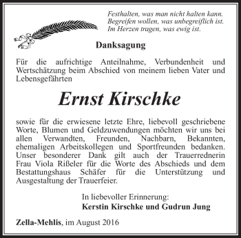 Traueranzeige von Ernst Kirschke von Südthüringer Presse
