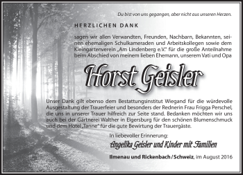 Traueranzeige von Horst Geisler von Südthüringer Presse