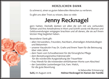 Traueranzeige von JEnny Recknagel von Südthüringer Presse