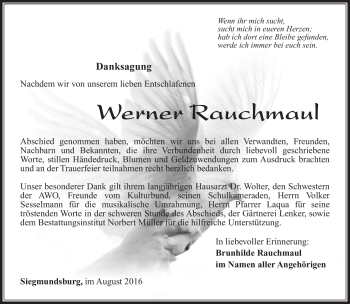 Traueranzeige von Werner Rauchmaul von Südthüringer Presse