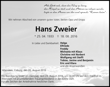 Traueranzeige von Hans Zweier von Neue Presse Coburg