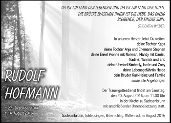 Traueranzeige von Rudolf Hofmann von Südthüringer Presse
