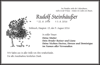 Traueranzeige von Rudolf Steinhäuser von Frankenpost