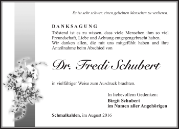 Traueranzeige von Fredi Schubert von Südthüringer Presse