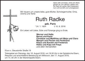 Traueranzeige von Ruth Radke von Neue Presse Coburg