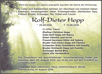Traueranzeige von Rolf-Dieter Hepp von Südthüringer Presse