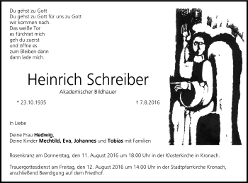 Traueranzeige von Heinrich Schreiber von Neue Presse Coburg