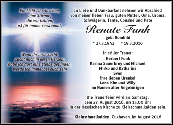 Traueranzeige von Renate Funk von Südthüringer Presse