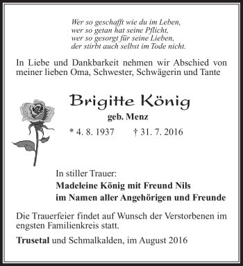 Traueranzeige von Brigitte König von Südthüringer Presse