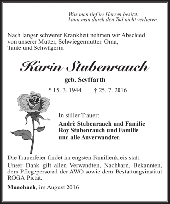 Traueranzeige von Karin Stubenrauch von Südthüringer Presse