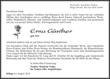 Traueranzeige von Erna Günther von Südthüringer Presse
