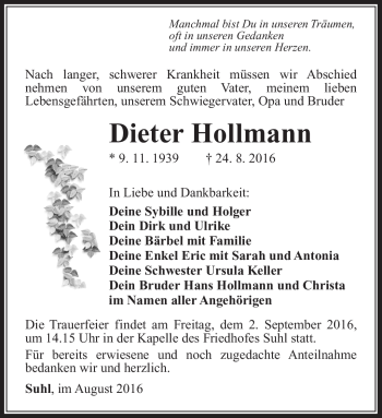 Traueranzeige von Dieter Hollmann von Südthüringer Presse