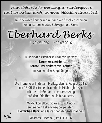 Traueranzeige von Eberhard Berks von Südthüringer Presse
