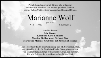 Traueranzeige von Marianne Wolf von Neue Presse Coburg