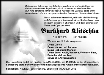 Traueranzeige von Burkhard Klitschka von Südthüringer Presse