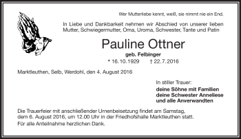 Traueranzeige von Pauline Ottner von Frankenpost
