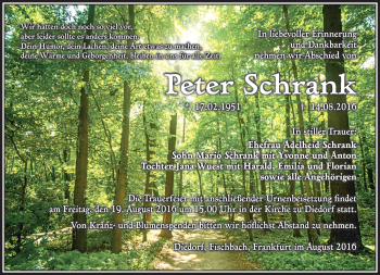 Traueranzeige von Peter Schrank von Südthüringer Presse