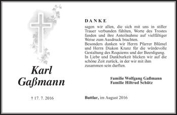 Traueranzeige von Karl Gaßmann von Südthüringer Presse
