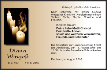 Traueranzeige von Diana Wingeß von Südthüringer Presse