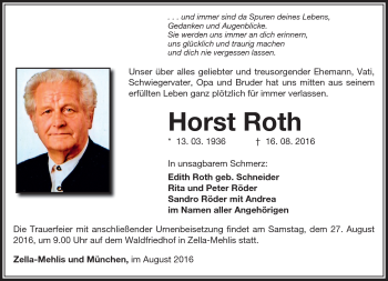 Traueranzeige von Horst Roth von Südthüringer Presse