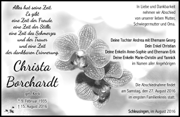 Traueranzeige von Christa Borchardt von Südthüringer Presse