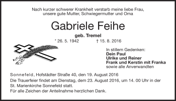 Traueranzeige von Gabriele Feihe von Neue Presse Coburg