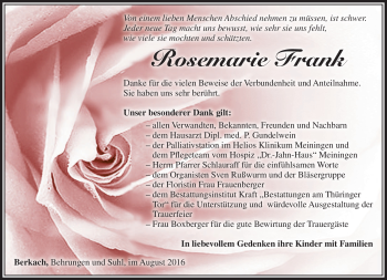 Traueranzeige von Rosemarie Frank von Südthüringer Presse