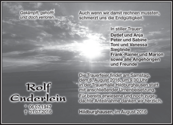 Traueranzeige von Rolf Enderlein von Südthüringer Presse