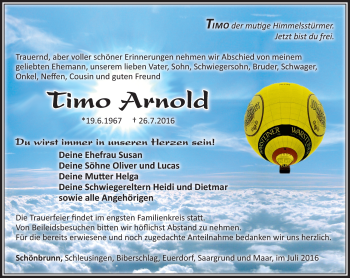 Traueranzeige von Timo Arnold von Südthüringer Presse