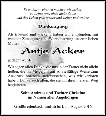 Traueranzeige von Antje Acker von Südthüringer Presse