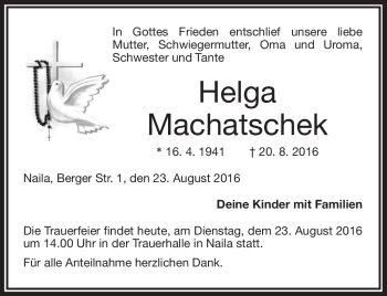Traueranzeige von Helga Machatschek von Frankenpost