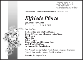 Traueranzeige von Elfriede Pforte von Südthüringer Presse