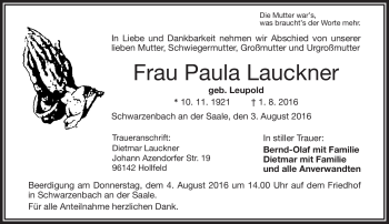 Traueranzeige von Paula Lauckner von Frankenpost
