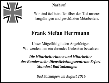 Traueranzeige von Frank Stephan Hermann von Südthüringer Presse
