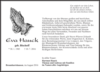Traueranzeige von Eva Hauck von Südthüringer Presse
