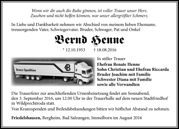 Traueranzeige von Bernd Henne von Südthüringer Presse