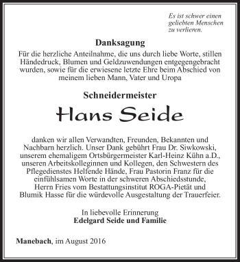 Traueranzeige von Hans Seide von Südthüringer Presse