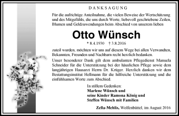 Traueranzeige von Otto Wünsch von Südthüringer Presse