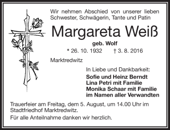 Traueranzeige von Margareta Weiß von Frankenpost