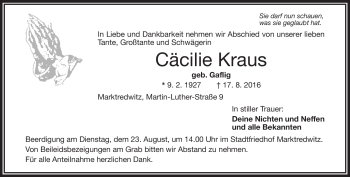 Traueranzeige von Cäcilie Kraus von Frankenpost