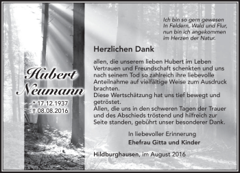 Traueranzeige von Hubert Neumann von Südthüringer Presse