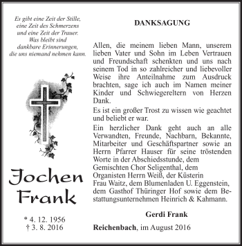 Traueranzeige von Jochen Frank von Südthüringer Presse