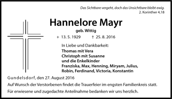 Traueranzeige von Hannelore Mayr von Neue Presse Coburg