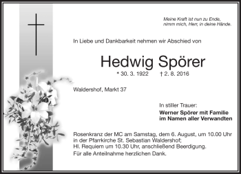 Traueranzeige von Hedwig Spörer von Frankenpost