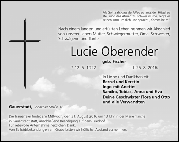 Traueranzeige von Lucie Oberender von Neue Presse Coburg